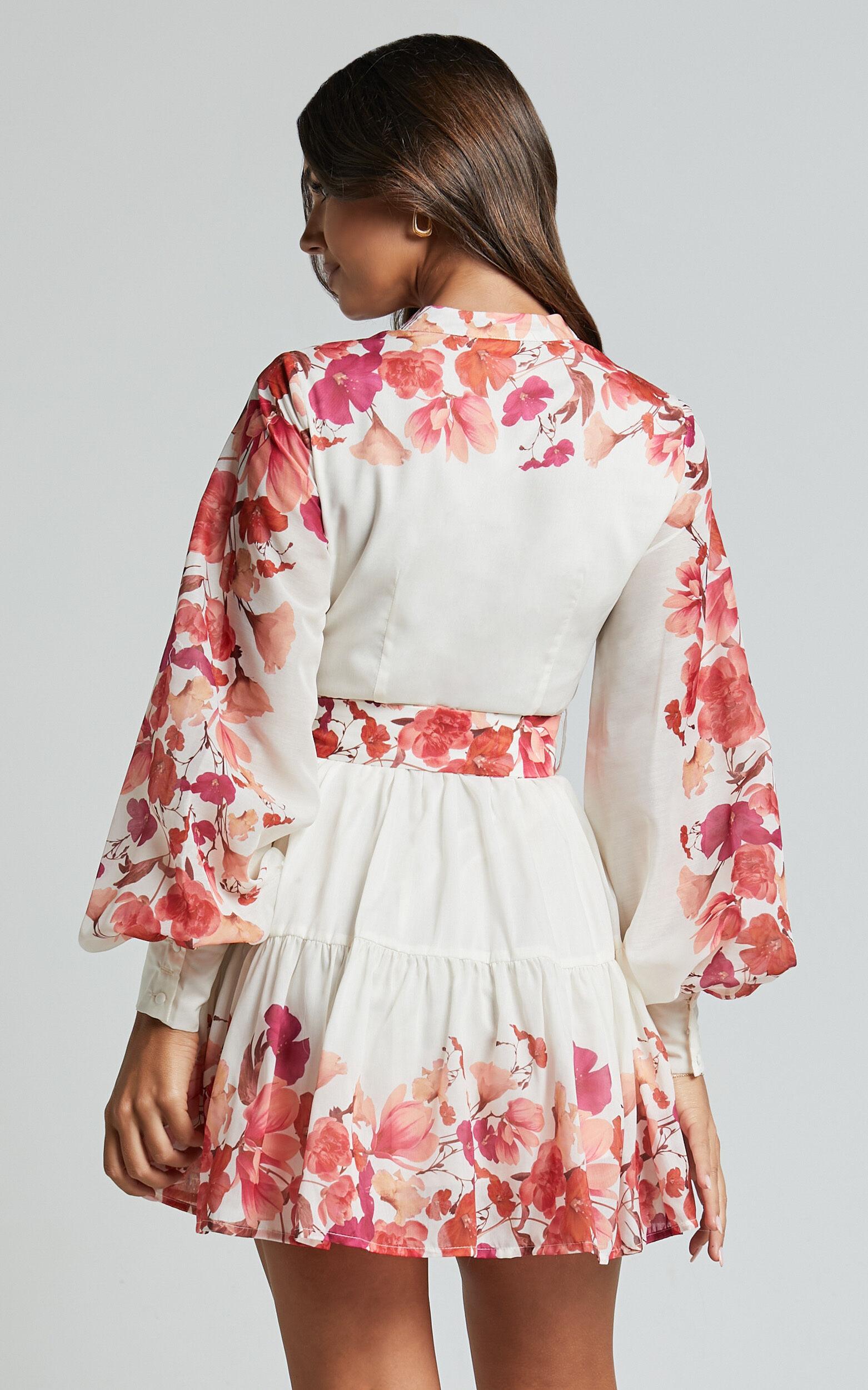 Becky Mini Dress - Long Bishop Sleeve Tiered Dress in Wildflower Print Product Image