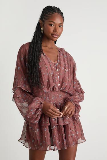 Christy Rust Floral Button-Front Long Sleeve Mini Dress Product Image