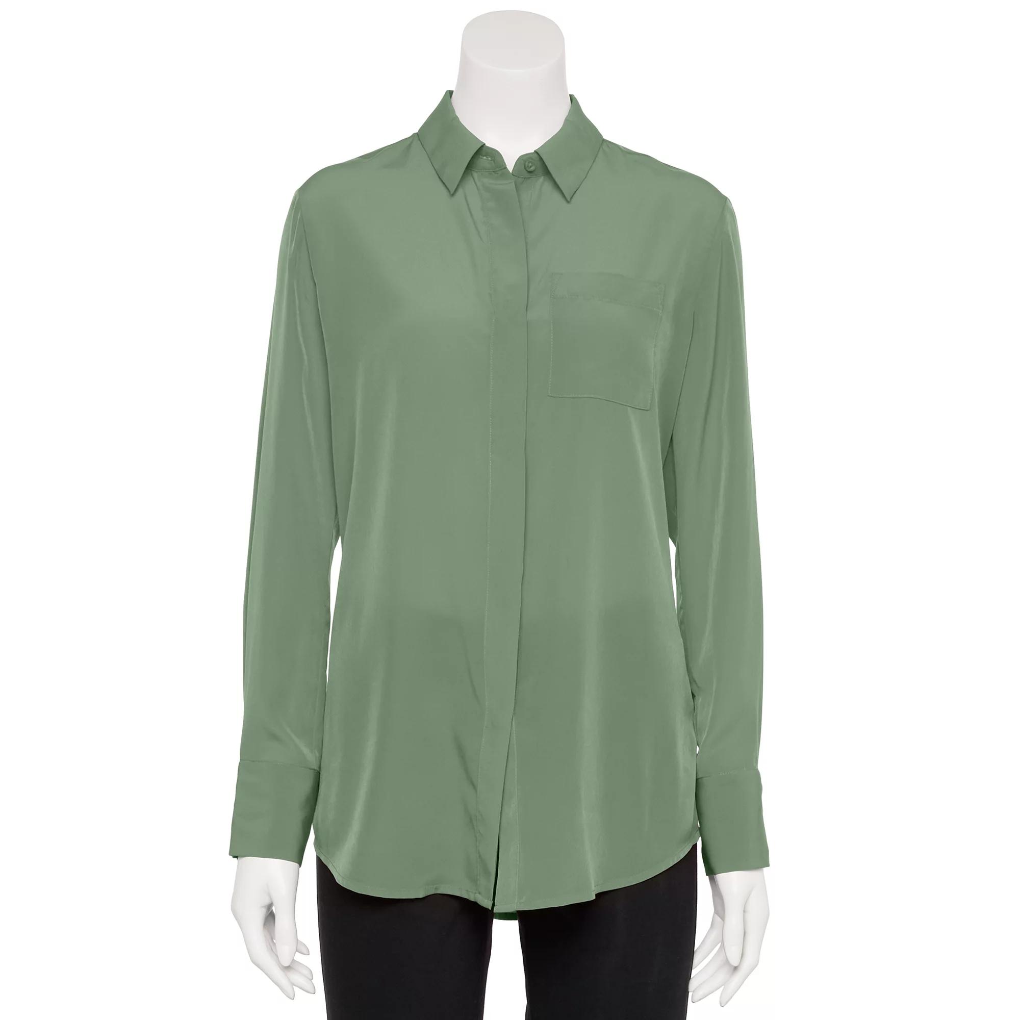Women's Nine West Adaptive Magnetic Closure Drapey Satin Long Sleeve Shirt,  Product Image