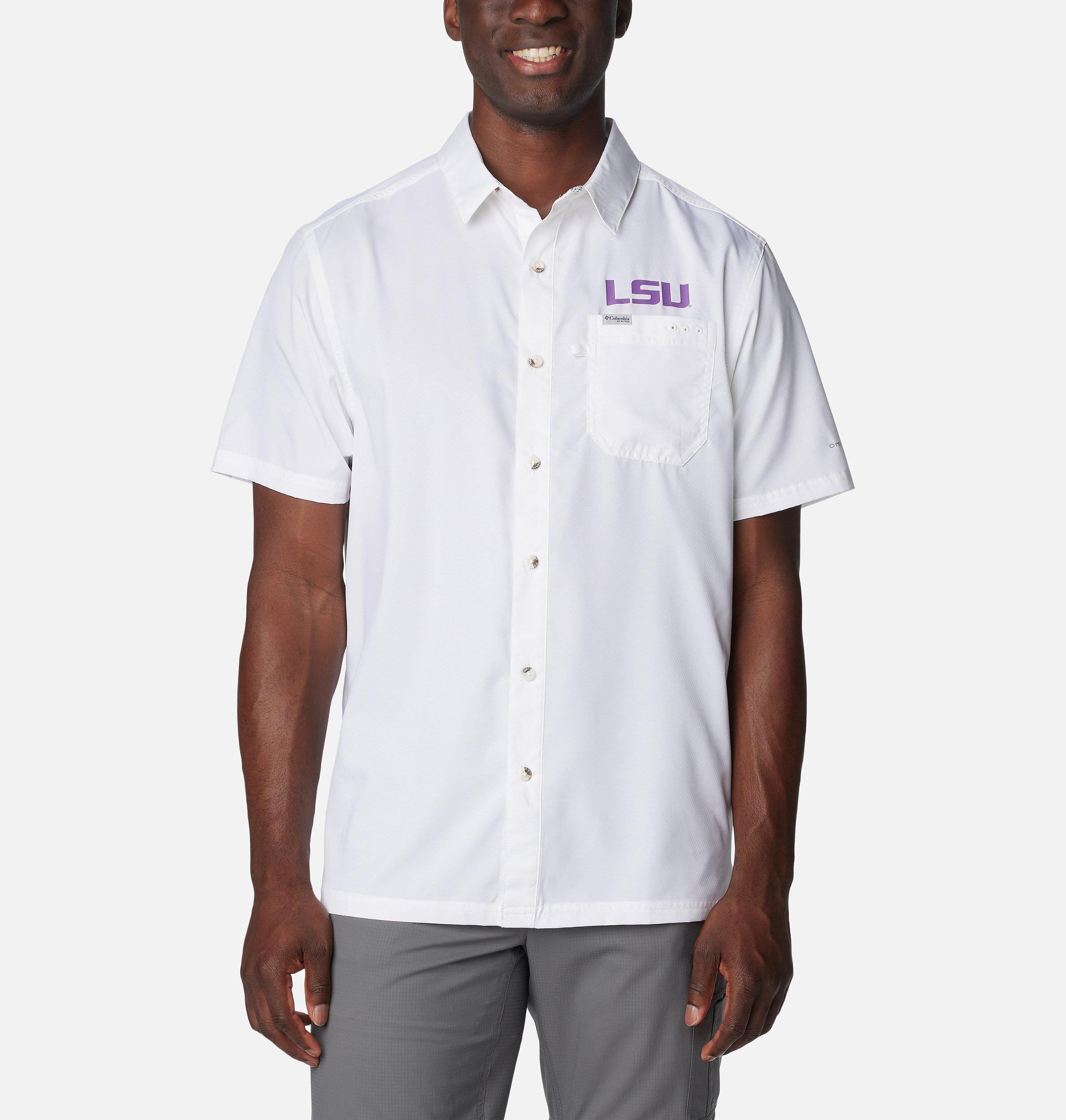 Columbia Mens Collegiate PFG Slack Tide Camp Shirt - LSU- Product Image