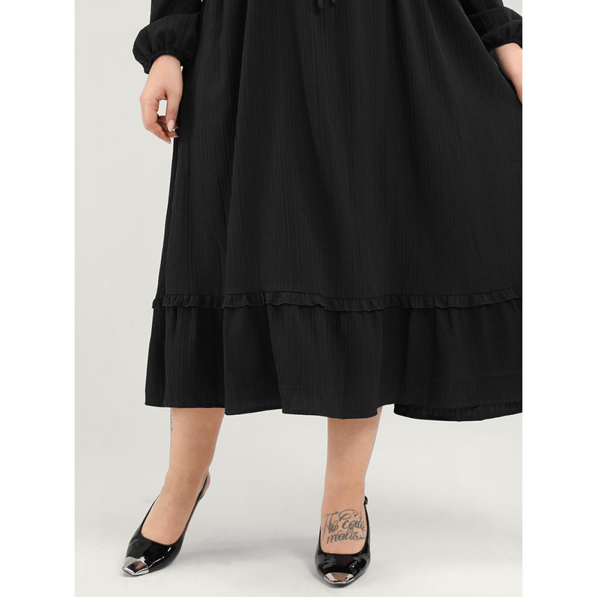 Plus Size Solid Lantern Sleeve Pocket Textured Ties Up Flutter Dress Black Women Office V-neck Long Sleeve Curvy Midi Dress BloomChic 26/4X Product Image