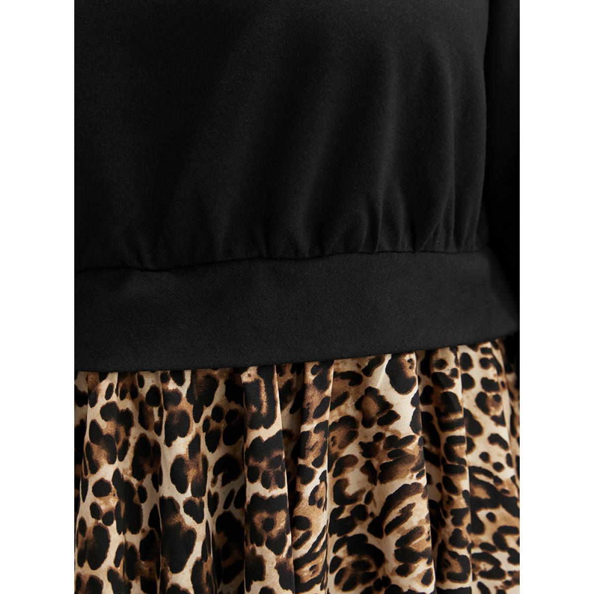 Plus Size Leopard Patchwork Asymmetrical Hem Sweatshirt Women Black Elegant Contrast Round Neck Dailywear Sweatshirts BloomChic 26/4X Product Image