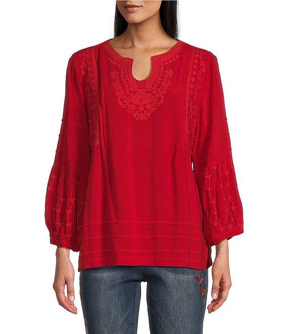 John Mark Embroidered Split Round Neck 3/4 Sleeve Tunic Top Product Image