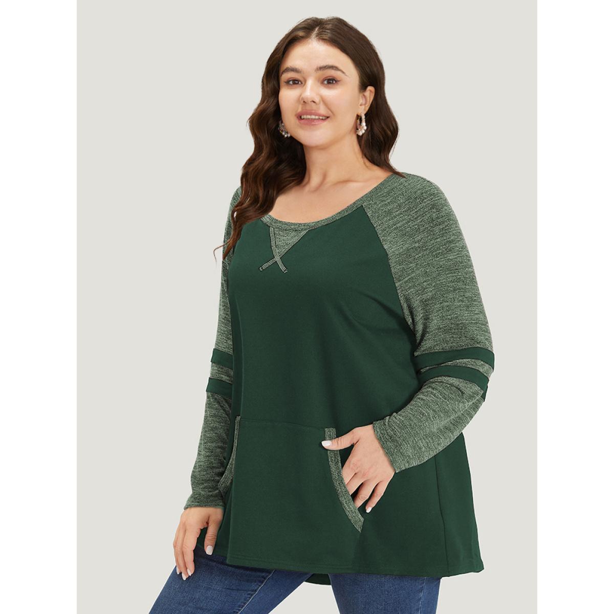 Plus Size Striped Contrast Pocket Raglan Sleeve High Low Hem Sweatshirt Women Green Casual Contrast Round Neck Everyday Sweatshirts BloomChic 10/M Product Image
