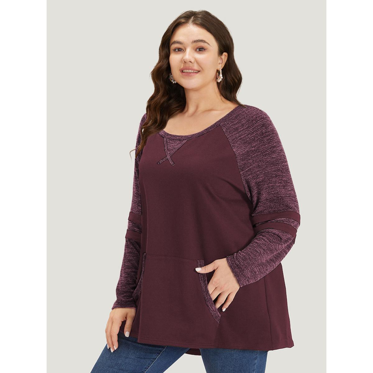 Plus Size Striped Contrast Pocket Raglan Sleeve High Low Hem Sweatshirt Women Green Casual Contrast Round Neck Everyday Sweatshirts BloomChic 10/M Product Image