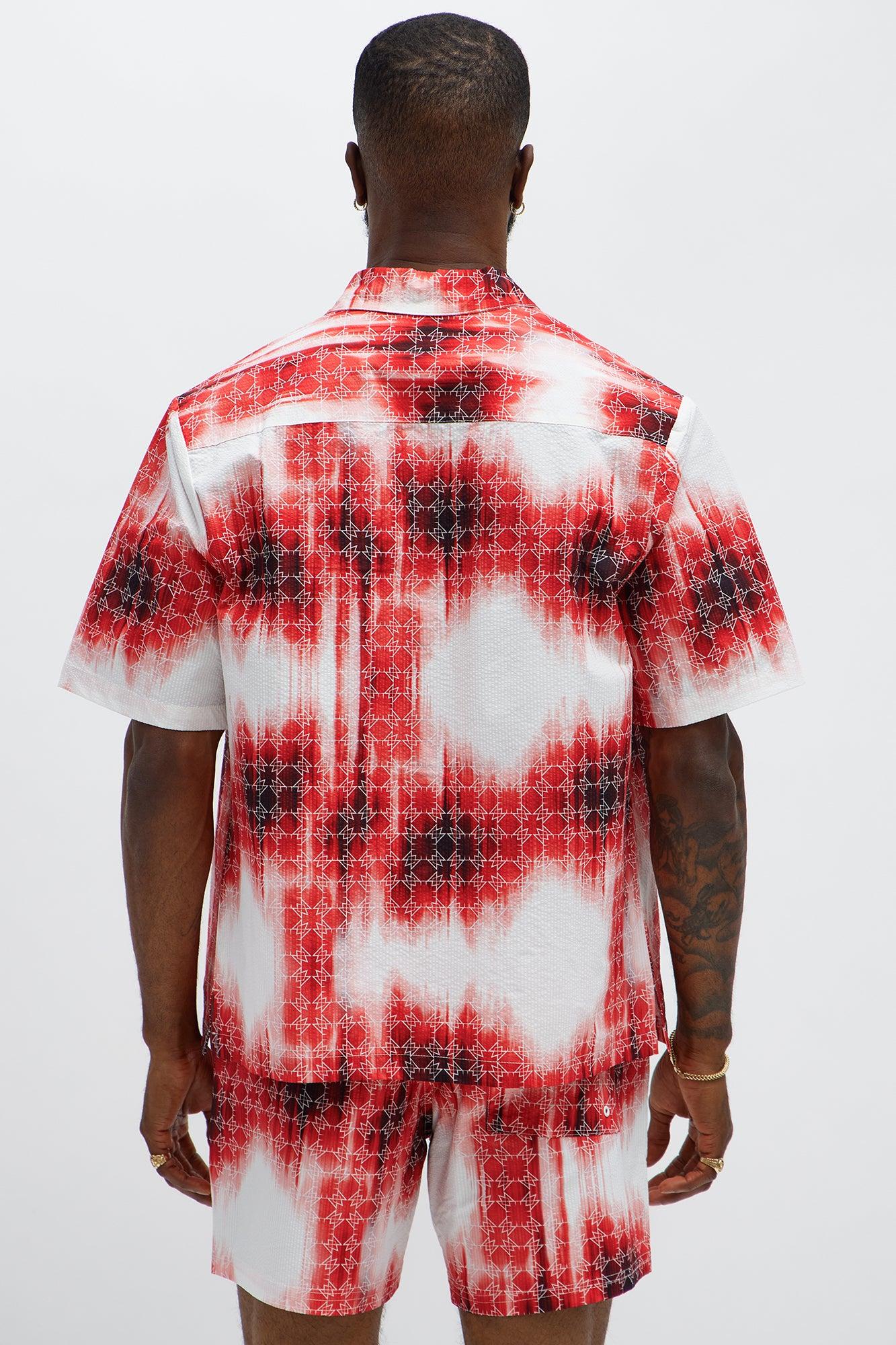 Seersucker Tie Dye Printed Closed Collar Shirt - Red/combo Male Product Image