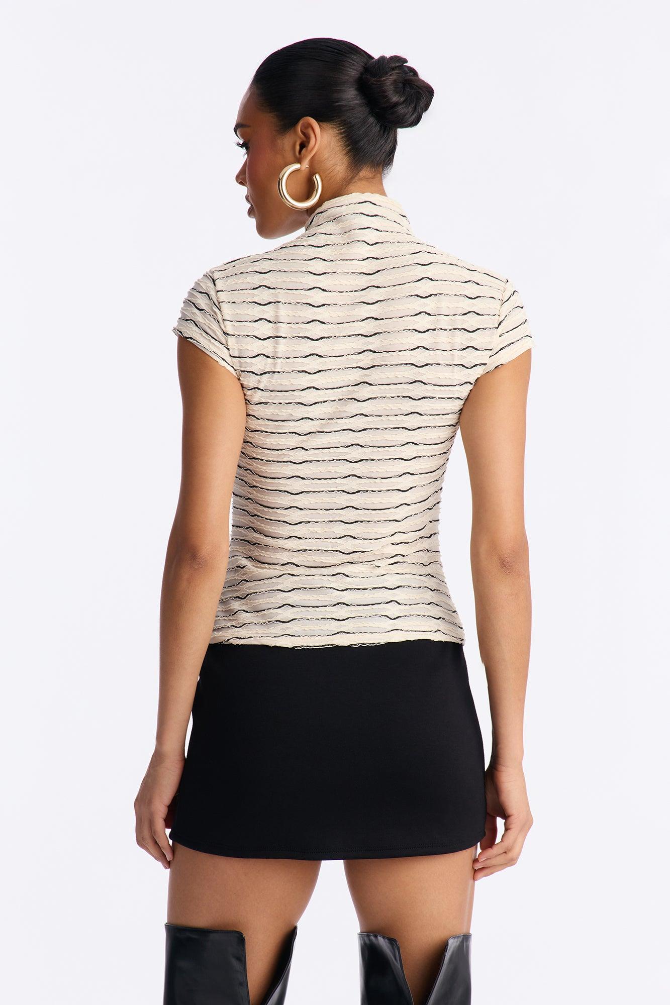 Monica Textured Mock Neck Button Up Short Sleeve Top - Ivory/combo Female Product Image