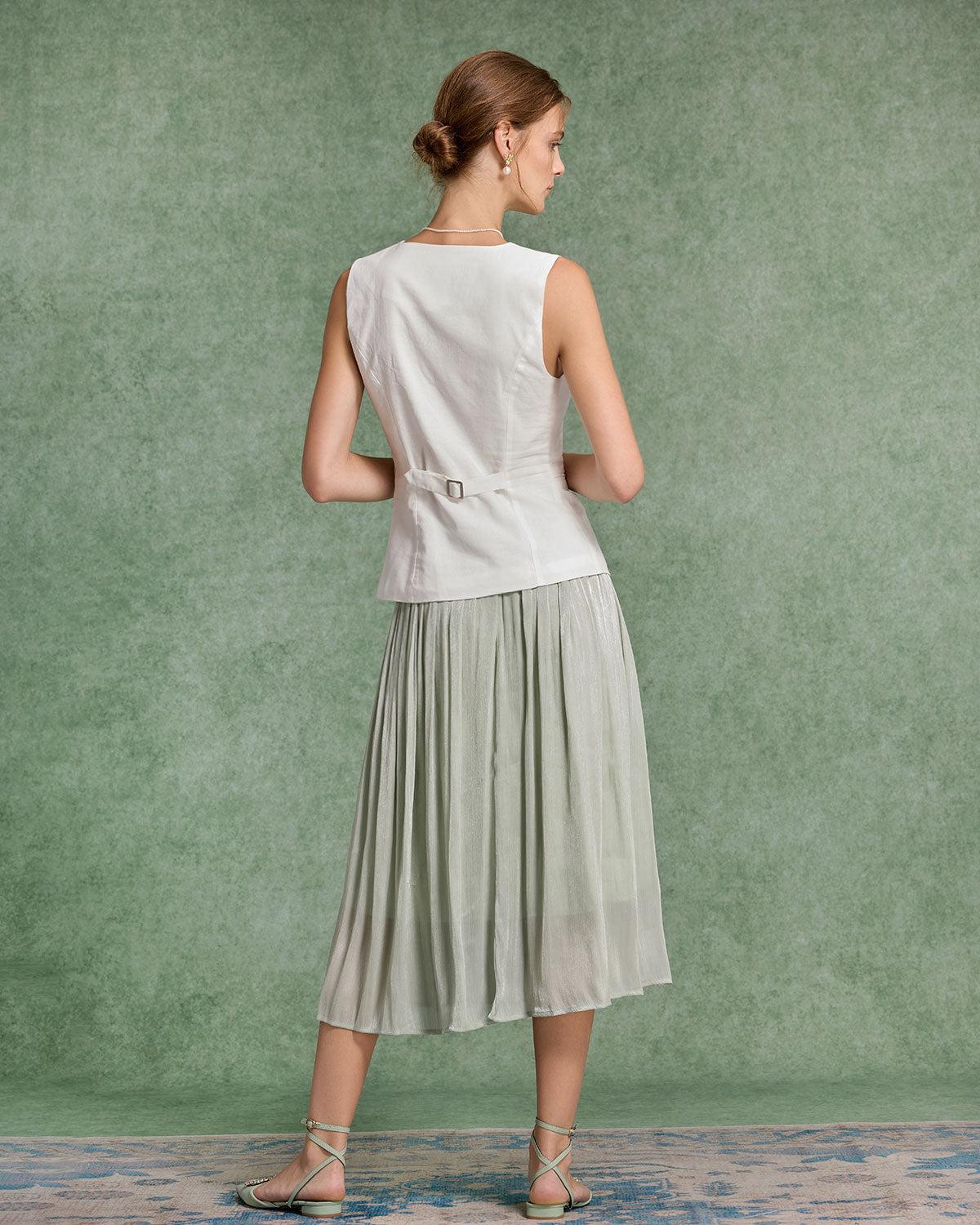 Green Flowy Pleated Midi Skirt Product Image