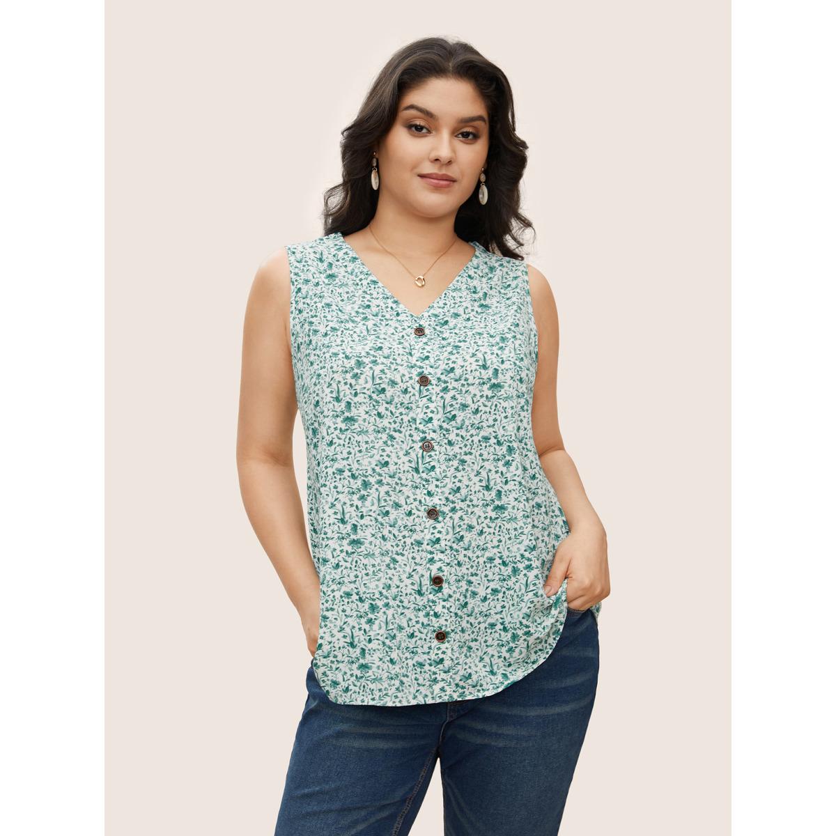 Plus Size Ditsy Floral Sleeveless Button Detail Tank Top Women SpringGreen Casual Button V-neck Everyday Tank Tops Camis BloomChic 28/5X Product Image