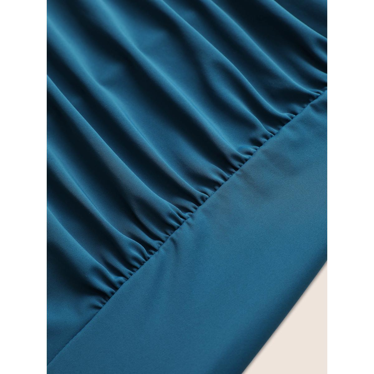 Plus Size Zipper Raglan Sleeve Ruched Swim Top Women's Swimwear Aegean Beach Non High stretch Skinny Round Neck Curve Swim Tops BloomChic 28/5X Product Image