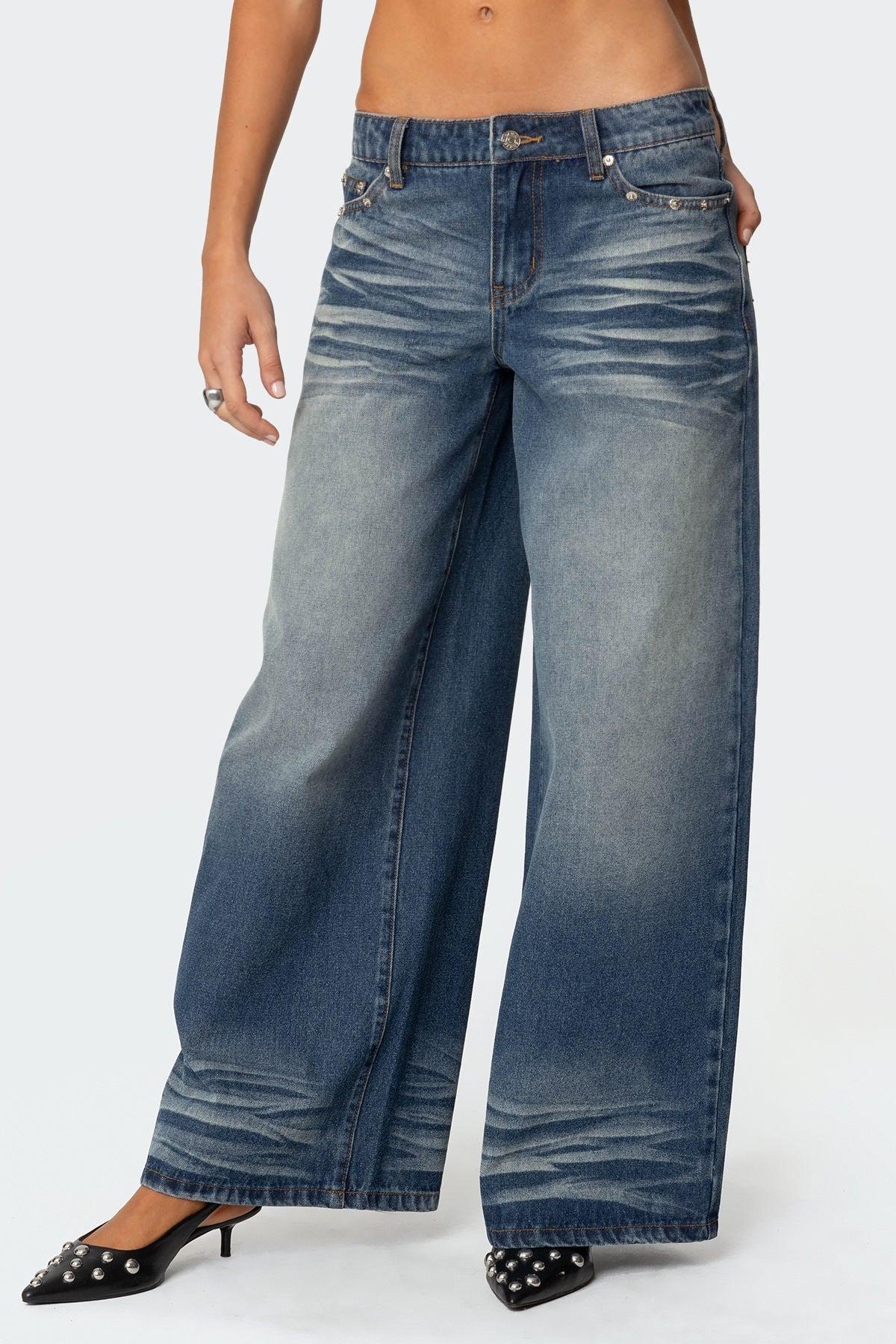 Faux Leather Pocket Low Rise Baggy Jeans Product Image