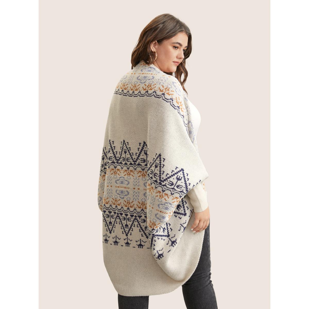 Plus Size Boho Print Dolman Sleeve Jacquard Cardigan Beige Women Casual Loose Long Sleeve Everyday Cardigans BloomChic 12/L Product Image