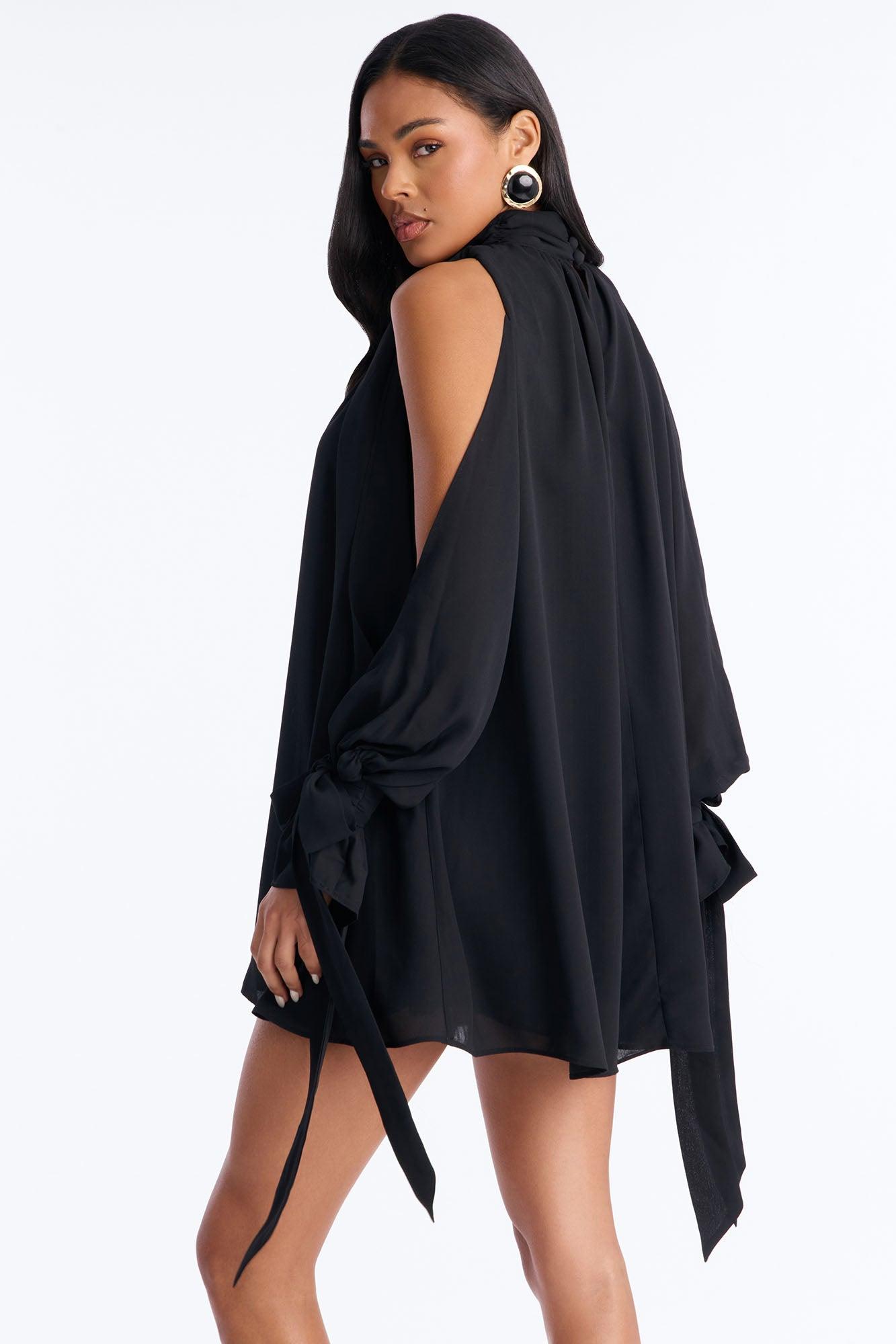 Muse Mode Cold Shoulder Chiffon Mini Dress - Black Female Product Image