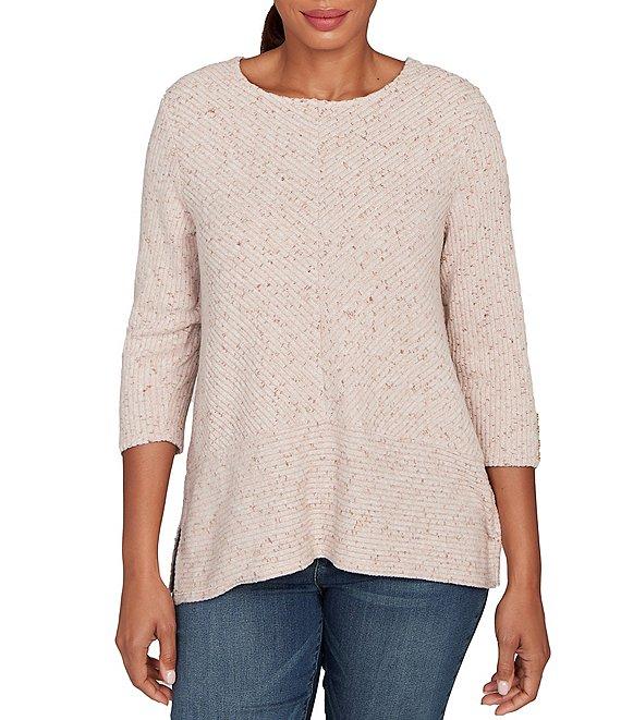 Ruby Rd. Petite Size Heather Speckeled Ribbed Knit Crew Neck 3/4 Sleeve Side Vented Top Product Image