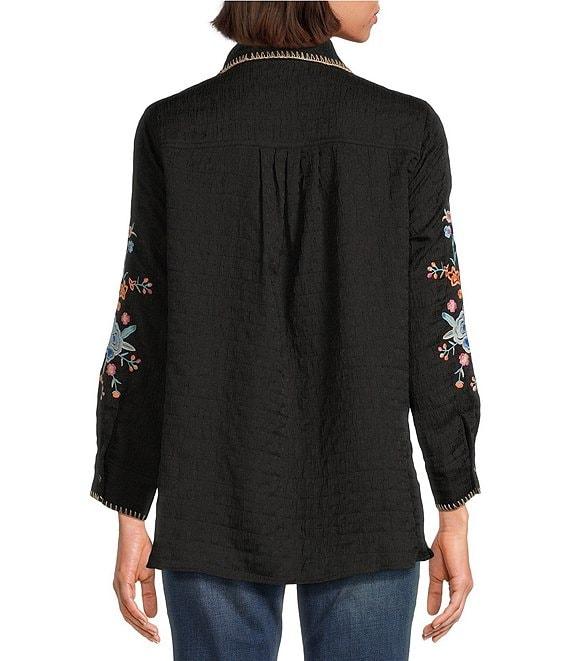 Calessa Petite Size Embroidered Textured Crinkle Point Collar Long Sleeve Button-Front Shirt Product Image