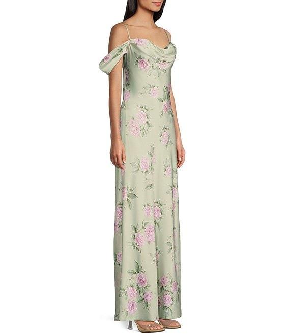 B. Darlin Satin Floral Print Off-The-Shoulder Cowl Neck Dress Product Image