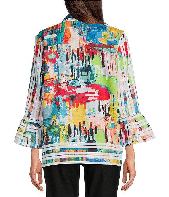 Ali Miles Petite Size Printed Woven Wire Collar 3/4 Bell Sleeve Button Front Tunic Product Image