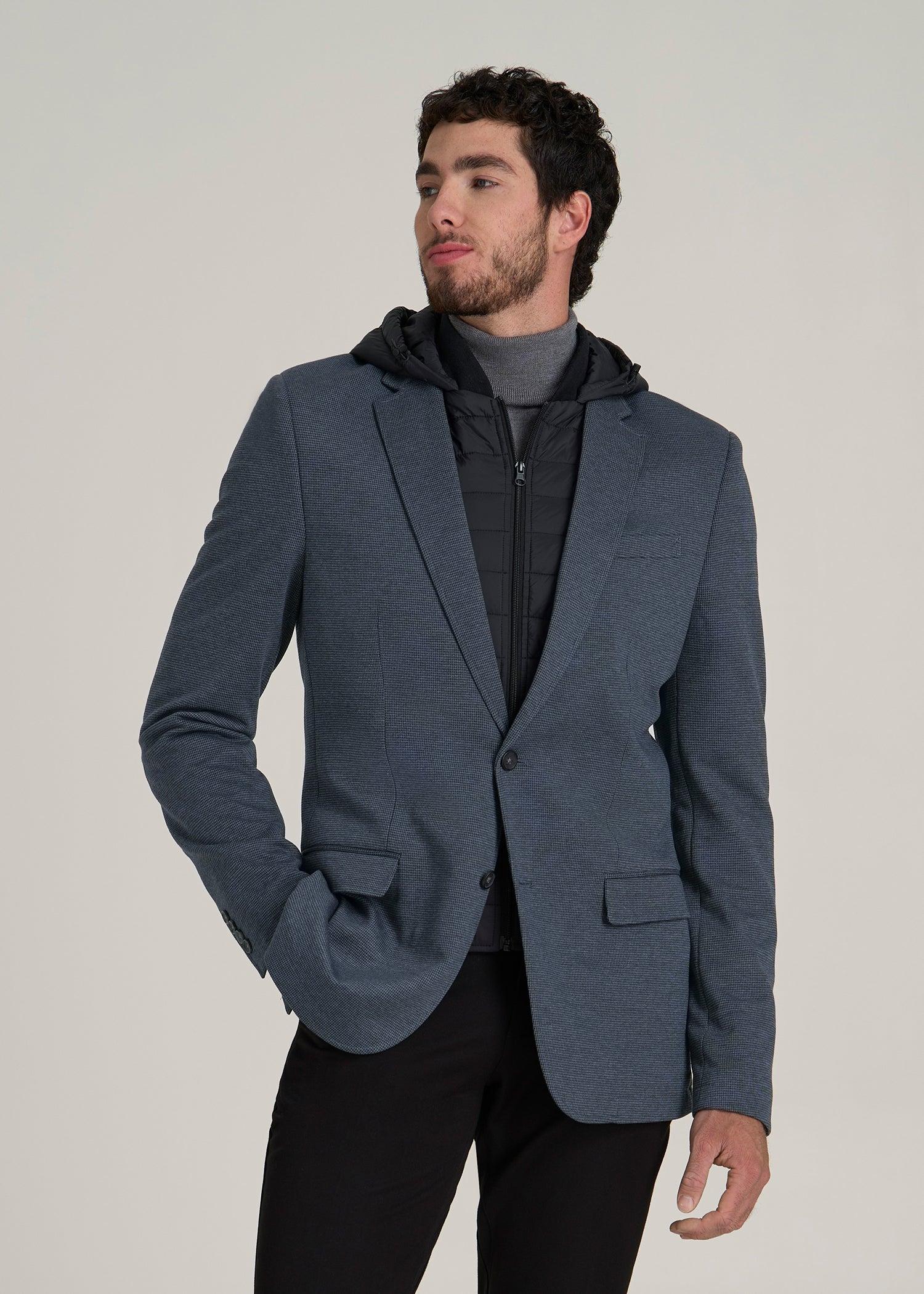 Hooded Bib Blazer for Tall Men in Black and Grey Houndstooth Male Product Image
