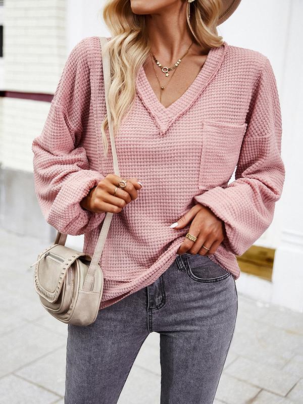 Long Sleeves Loose Elasticity Pockets Solid Color Split-Joint V-Neck T-Shirts Tops Product Image