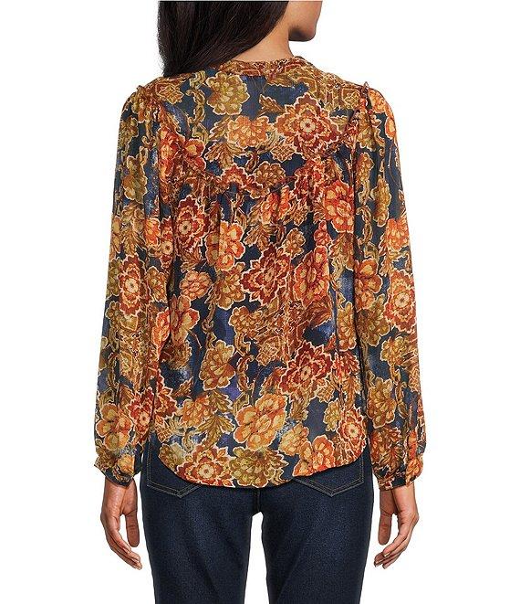 Figueroa & Flower Floral Split V-Neck Long Sleeve Button-Front Blouse Product Image
