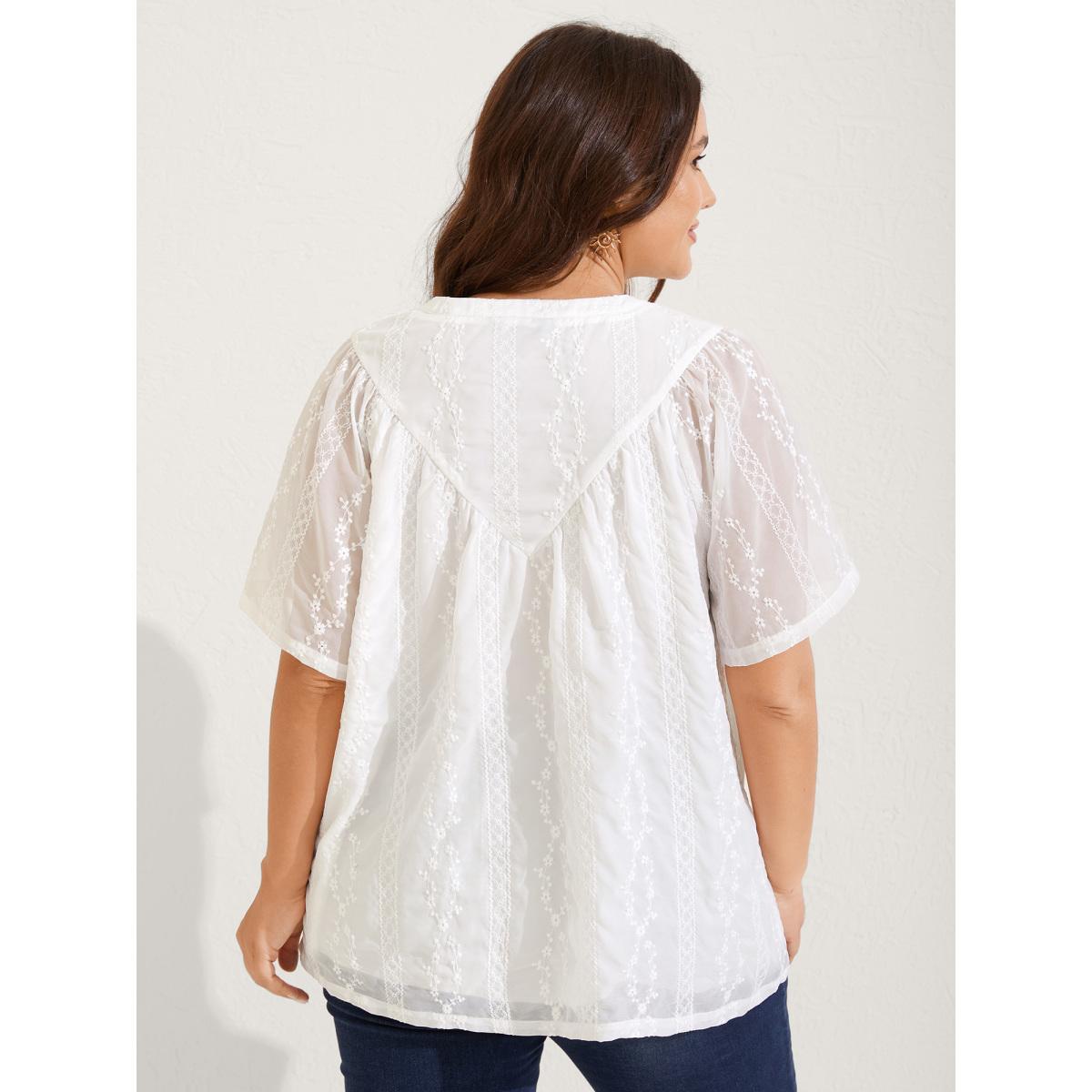Plus Size Beige Embroidered Notched Collar Sheer Blouse Women Boho Short sleeve Flat collar with V-notch Vacation Blouses BloomChic 28/5X Product Image