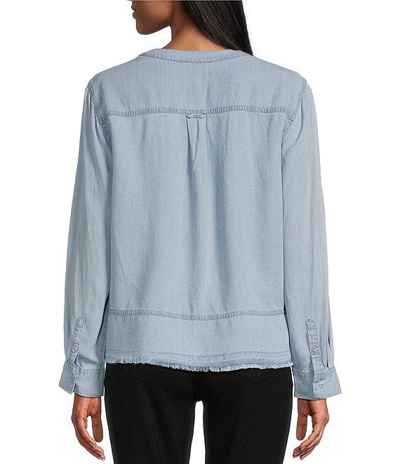 Westbound Petite Size Woven Long Roll-Tab Sleeve Henley Top Product Image