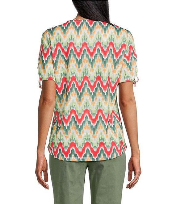 Allison Daley Serrated Ikat Print Short Ruched Tie Sleeve Crew Neck Slub Jersey Knit Top Product Image