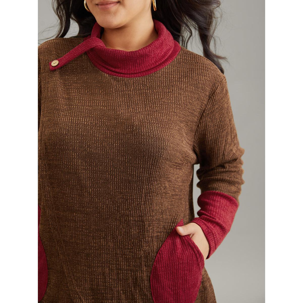Plus Size Rib Knit Contrast Funnel Neck Patched Pocket Sweatshirt Women DarkBrown Casual Rib Knit Turtleneck Dailywear Sweatshirts BloomChic 12/L Product Image