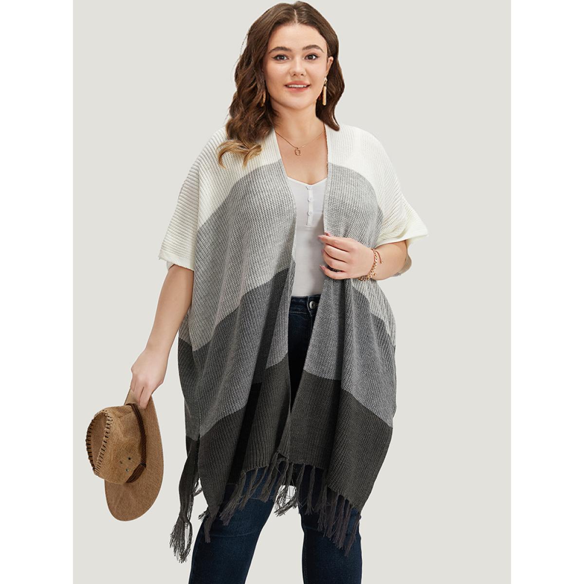 Plus Size Colorblock Fringe Trim Batwing Sleeve Split Side Cardigan Multicolor Women Casual Loose Short sleeve Dailywear Cardigans BloomChic 14-16/1X Product Image