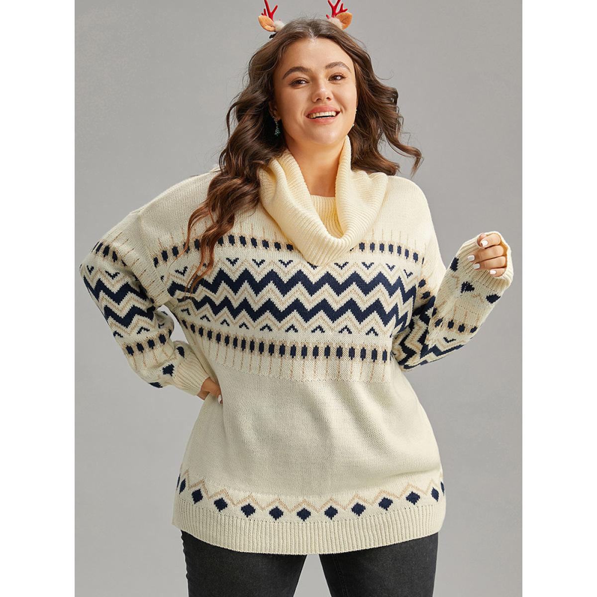 Plus Size Geometric Contrast Turtleneck Elastic Cuffs Pullover Ivory Women Casual Loose Long Sleeve Turtleneck Dailywear Pullovers BloomChic 18-20/2X Product Image