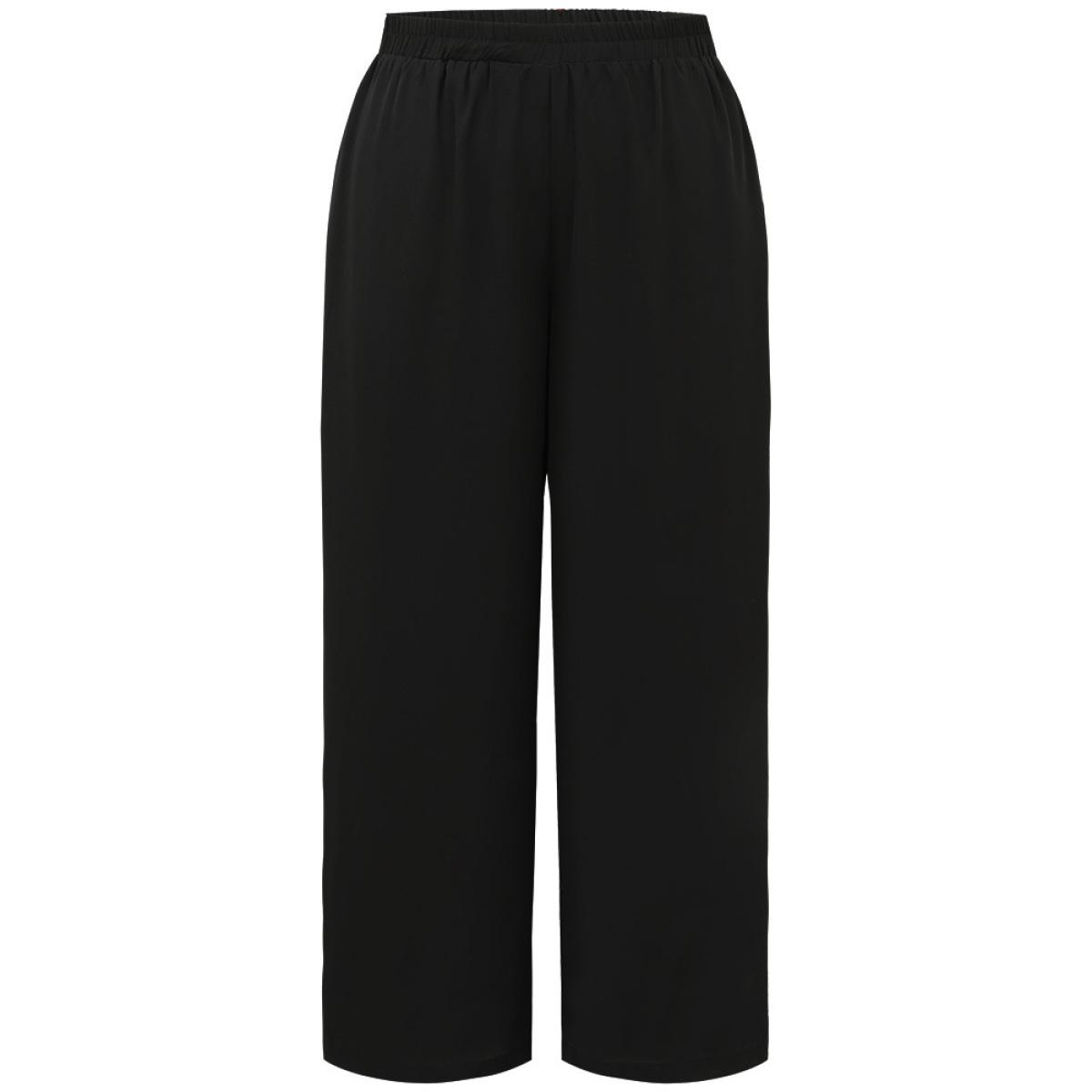 Plus Size Solid Chiffon Elastic Waist Wide Leg Pants Women Black Elegant Wide Leg High Rise Dailywear Pants BloomChic 10/M Product Image