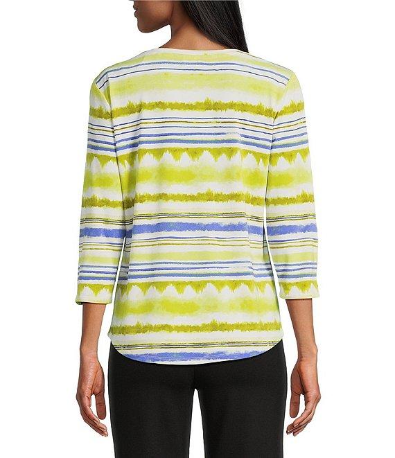 Slim Factor by Investments Watercolor Stripe Print Crew Neck 3/4 Sleeve Snaps Top Product Image