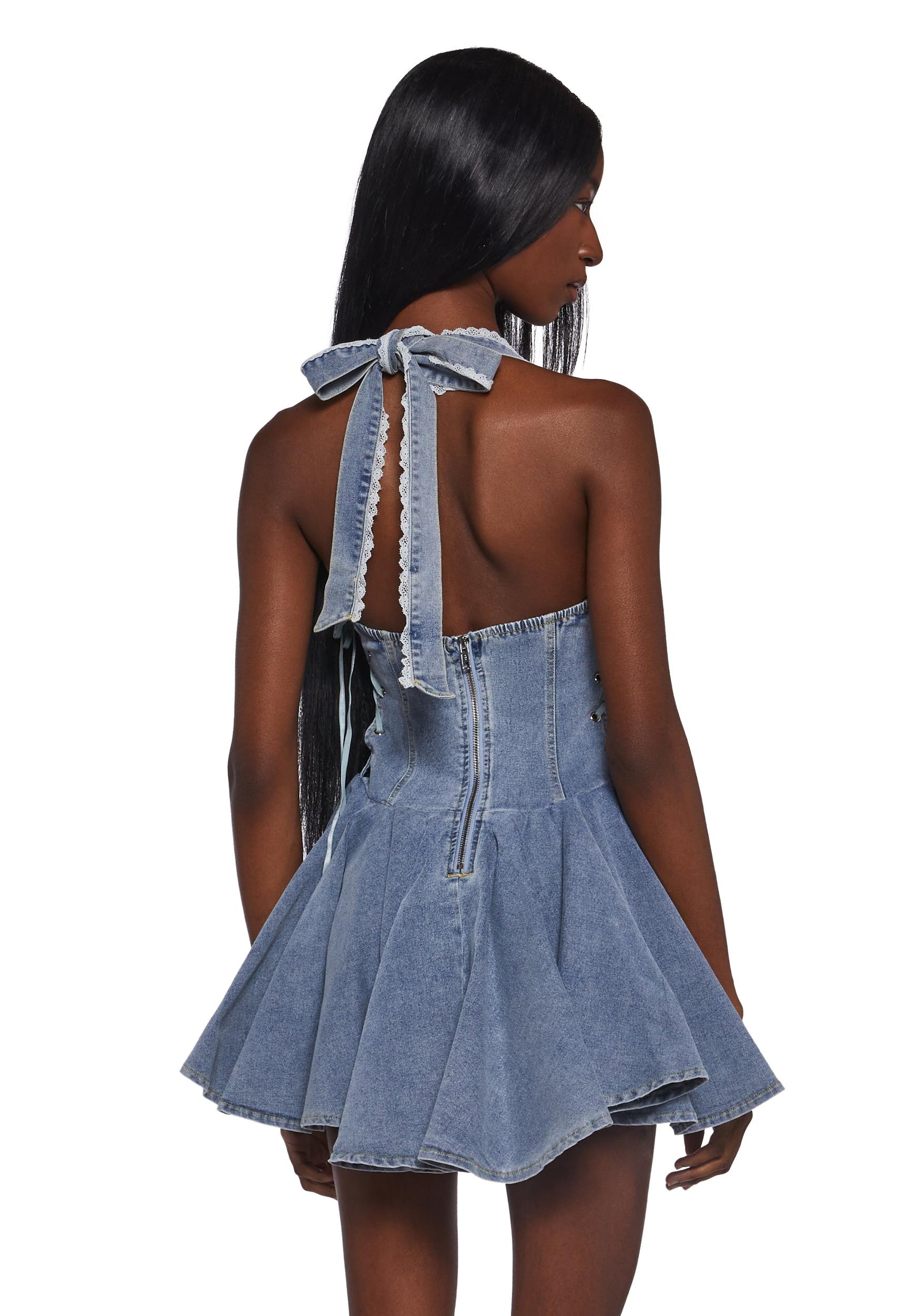 Denim Halter Mini Dress - Blue Product Image