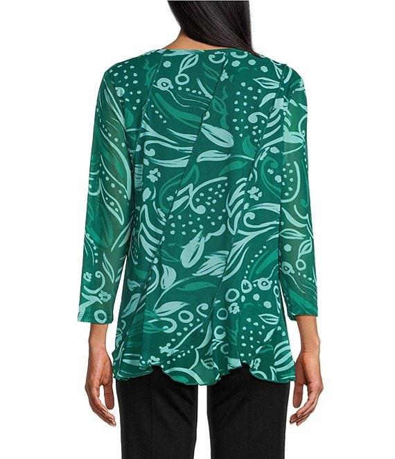 Slim Factor by Investments Kiki Paisley Print Crew Neck Long Sleeve Ruffled Hem Lined Top Product Image