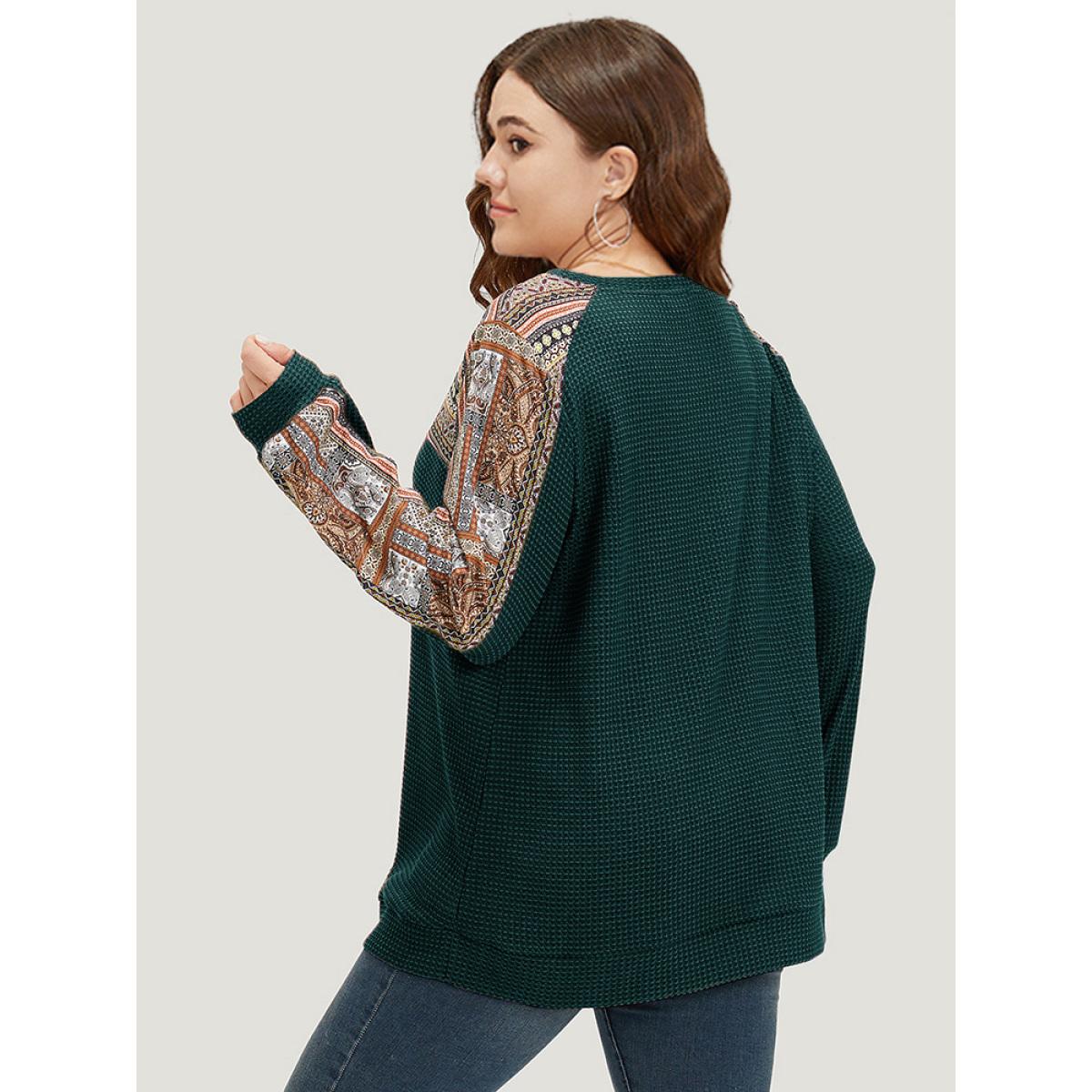Plus Size Boho Print Patchwork Waffle Knit Crew Neck Sweatshirt Women DarkGreen Casual Elastic cuffs Round Neck Dailywear Sweatshirts BloomChic 22-24/3X Product Image