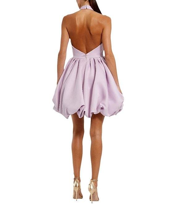 Mac Duggal Satin Mock Neck Sleeveless Ruched Rosette Bubble Hem Mini Dress Product Image