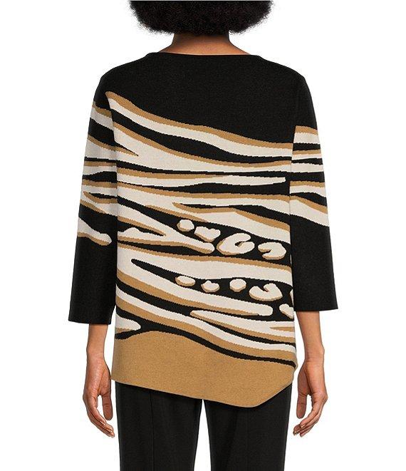 Ali Miles Zebra Print Round Neck 3/4 Sleeve Asymmetrical Sweater Product Image
