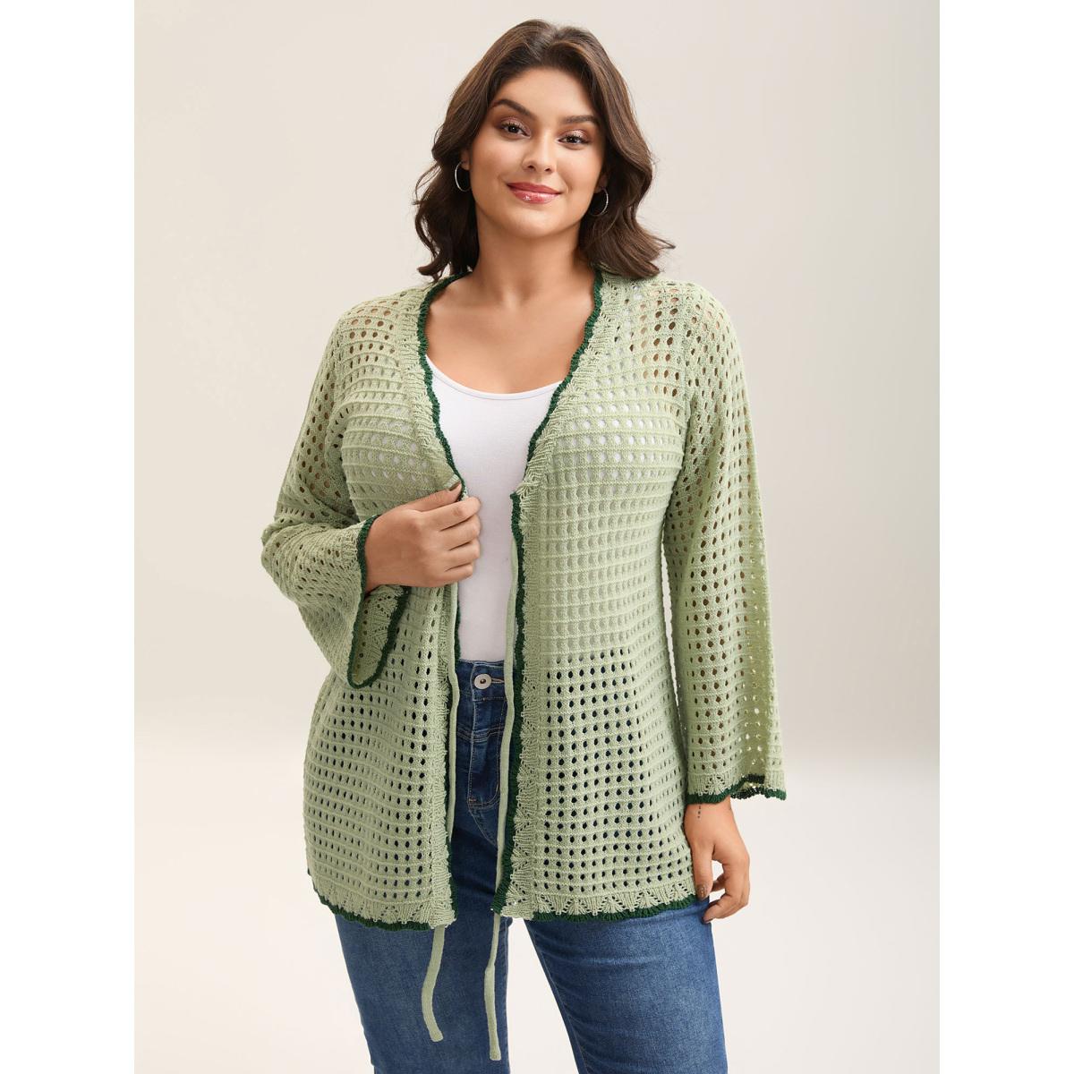 Plus Size Contrast Hem Front Mid Tie Knit Cardigan LightGreen Women Casual Loose Long Sleeve Everyday-Casual Cardigans BloomChic 22-24/3X Product Image