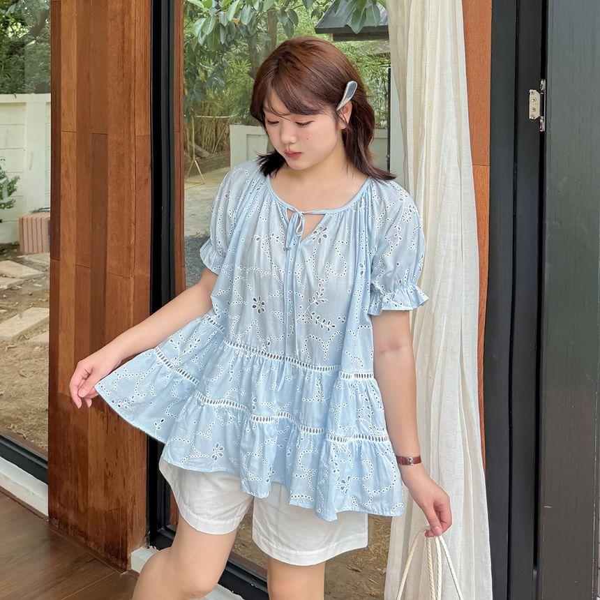 Plus Size Puff-Sleeve Notch Neck Embroidered Perforated Tie Front Blouse Product Image