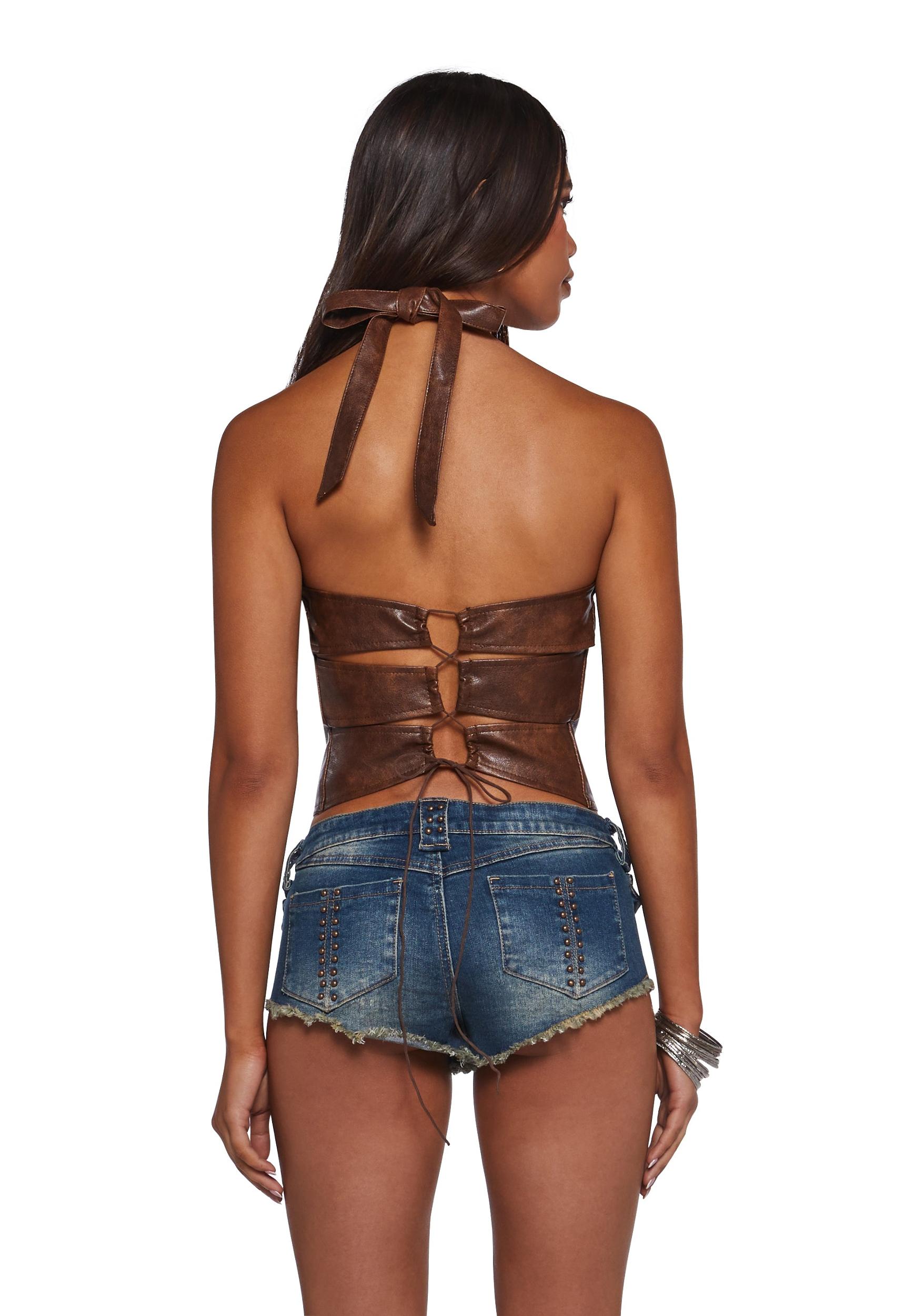 Womens Vegan Leather Halter Top - Brown Product Image