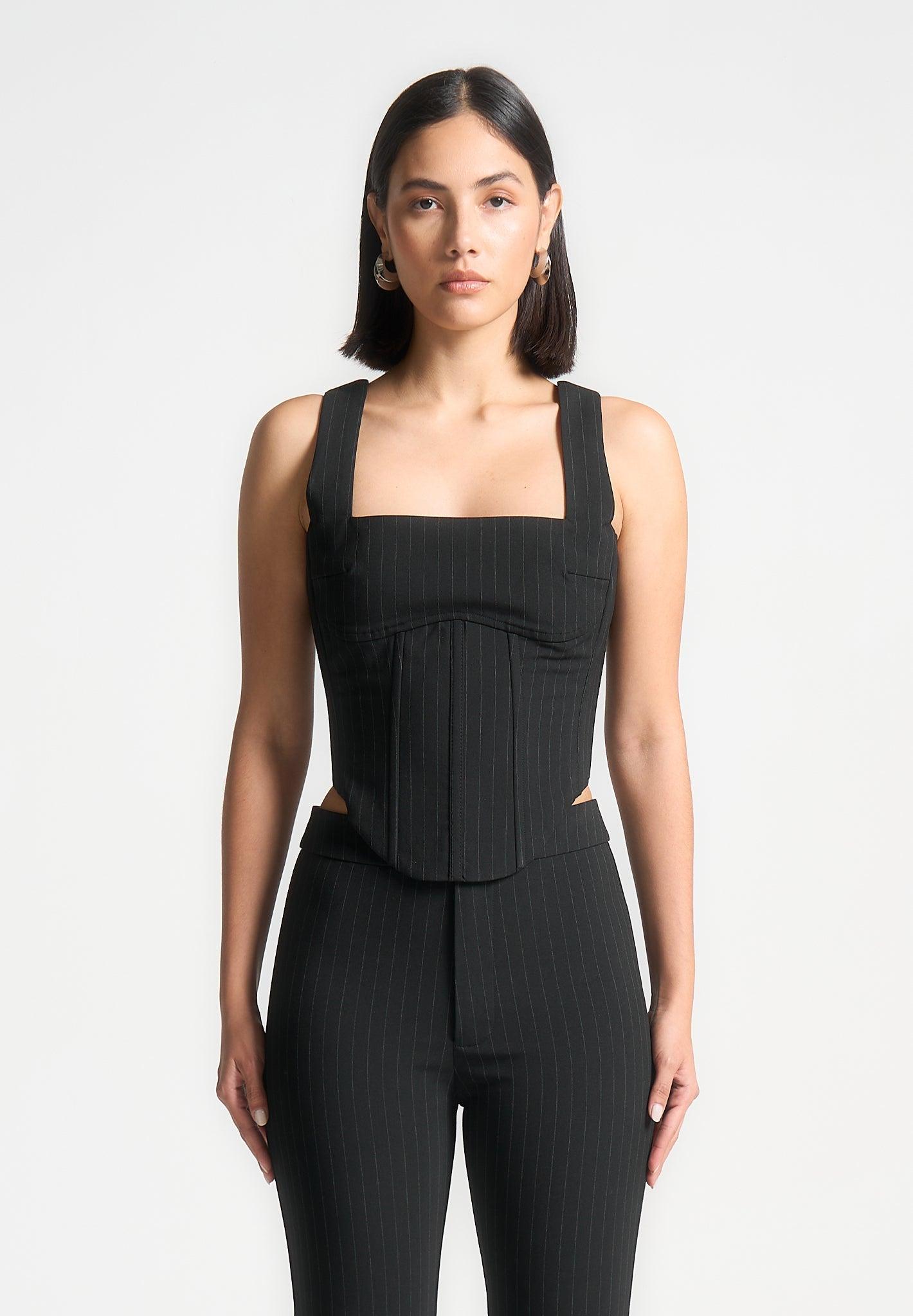 Square Neck Pinstripe Corset Top - Black Female Product Image