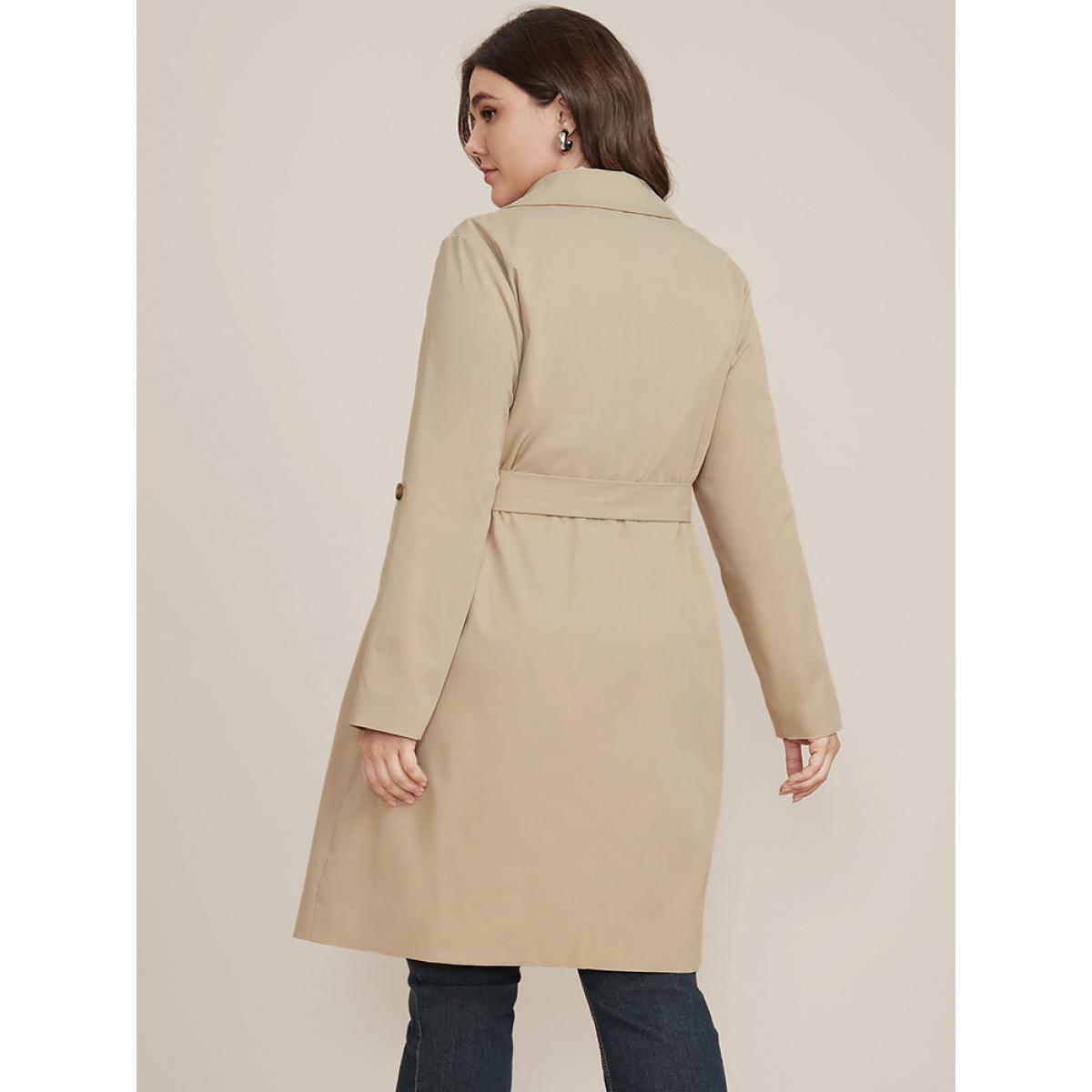 Plus Size Solid Pocket Roll Sleeve Button Up Belted Coat Women Apricot Office Cross straps Ladies Dailywear Winter Coats BloomChic 18-20/2X Product Image