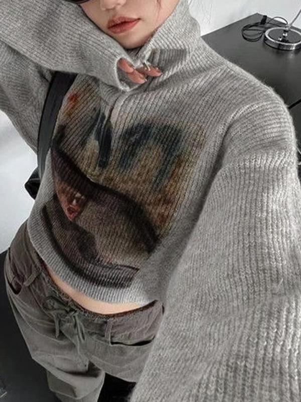 Vintage Print High Neck Zip Up Sweater Product Image