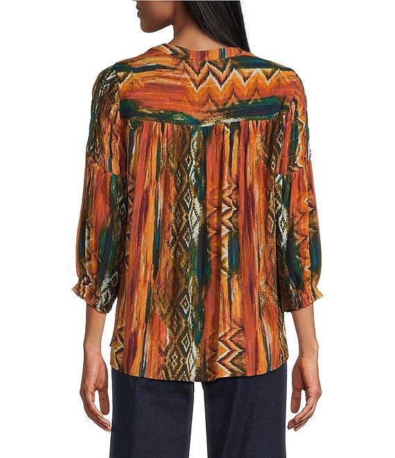 Intro Petite Size Crinkle Gauze Ikat Print Crew Neck 3/4 Sleeve Smocked Detail Button-Front Blouse Product Image