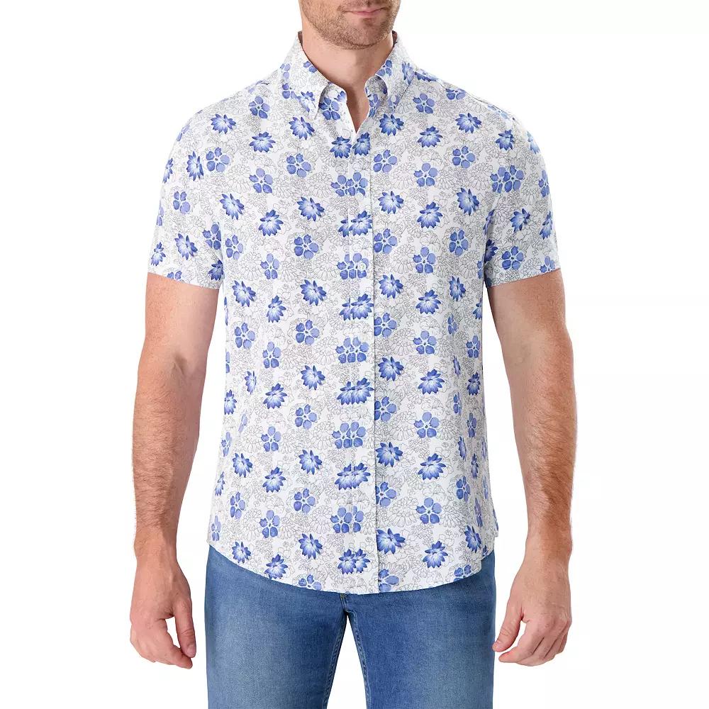Men's Report Collection Short Sleeve Stretch Tropical Print Woven Button-Down Shirt, Size: XL, Light Blue Product Image