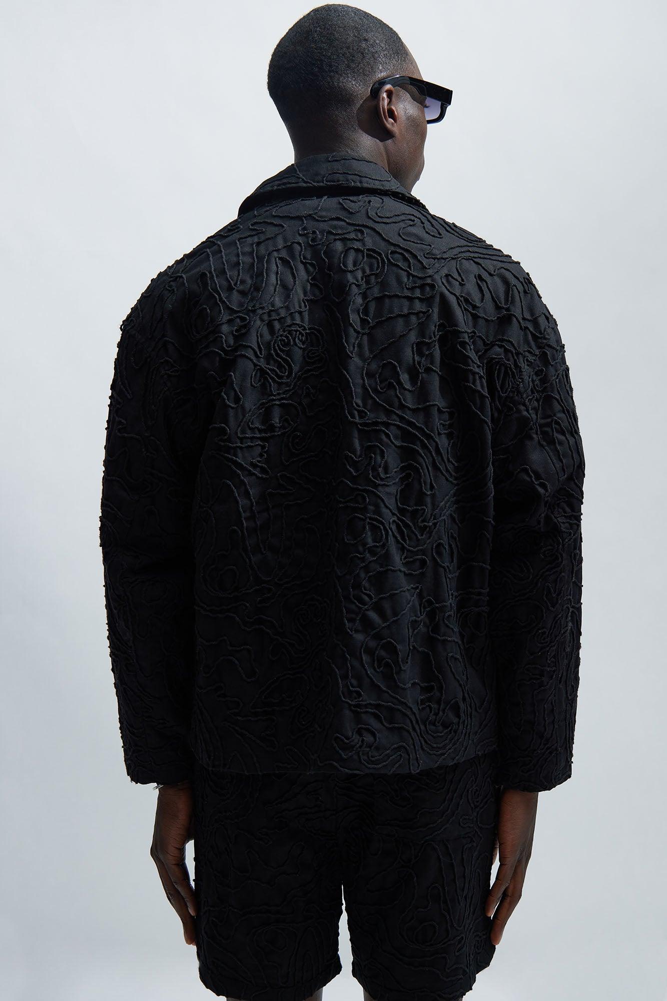 Swirl Jacquard Linen Boxy Jacket - Black Product Image