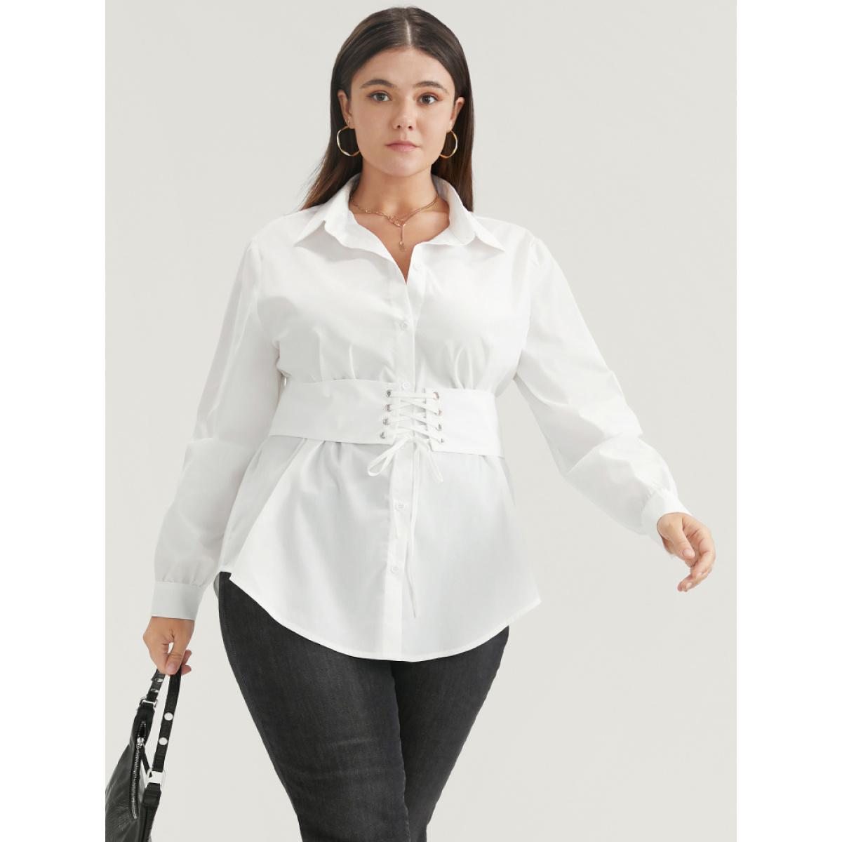 Plus Size WhiteSmoke Solid Button Up Belted Lapel Collar Blouse Women Office Long Sleeve Lapel Collar Work Blouses BloomChic 14-16/1X Product Image
