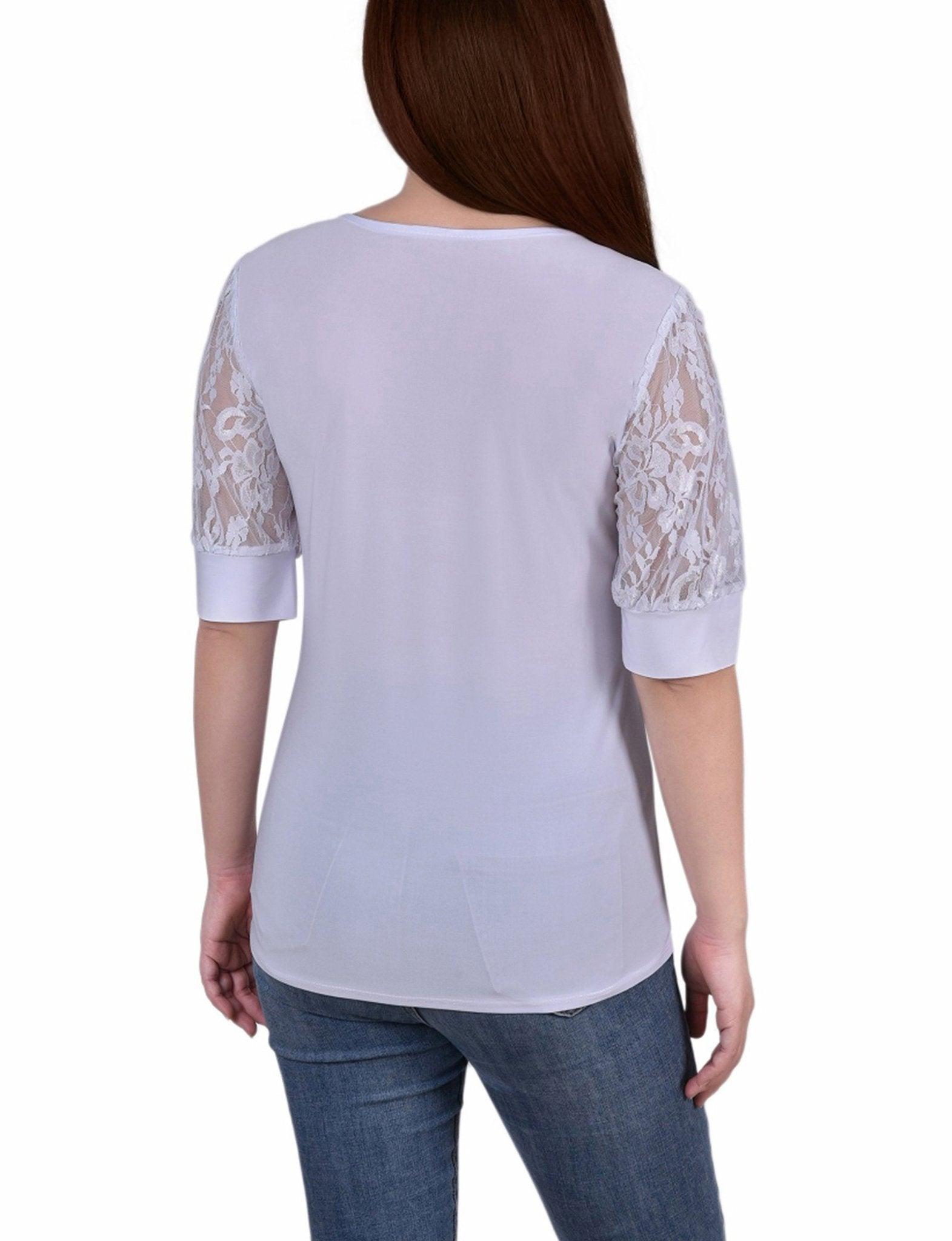 White Short Puff Sleeve Top With Lace Sleeves And Yoke Product Image