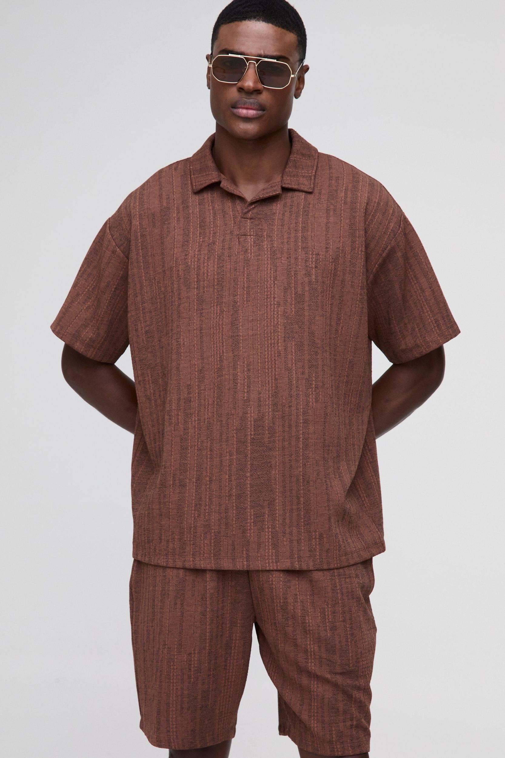 Oversized Textured Marl Revere Polo Shorts Set | boohooMAN USA Product Image
