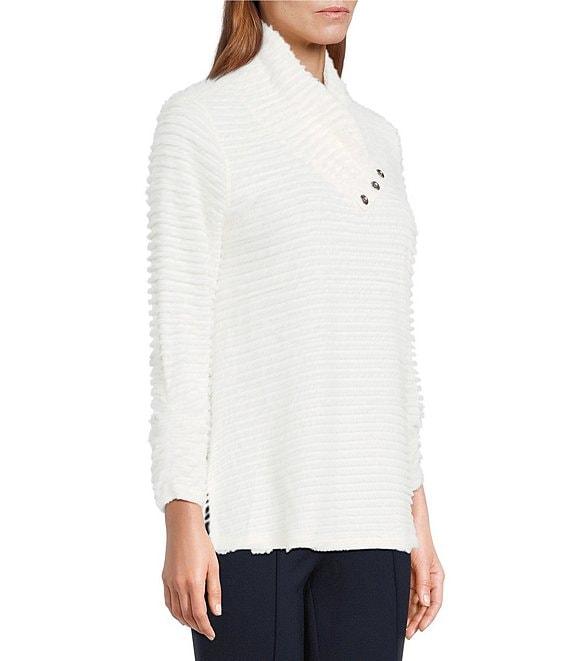 Multiples Petite Size Soft Textured Striped Knit Wrap Collar 3/4 Bungee Sleeve Top Product Image